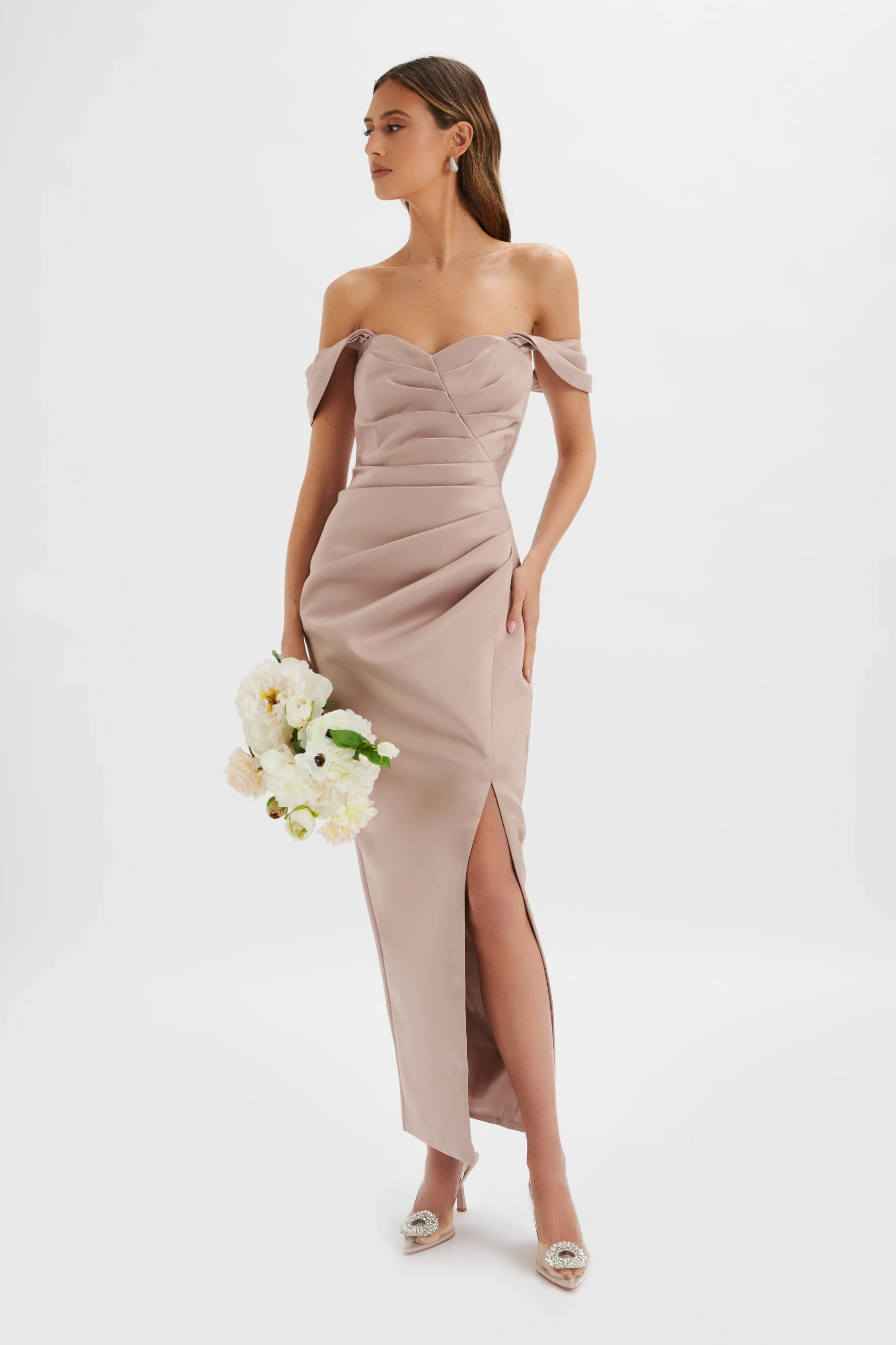 KAITLIN Bonded Satin Off Shoulder Maxi Dress In Mink sold by Lavish Alice product image thumbnail 2