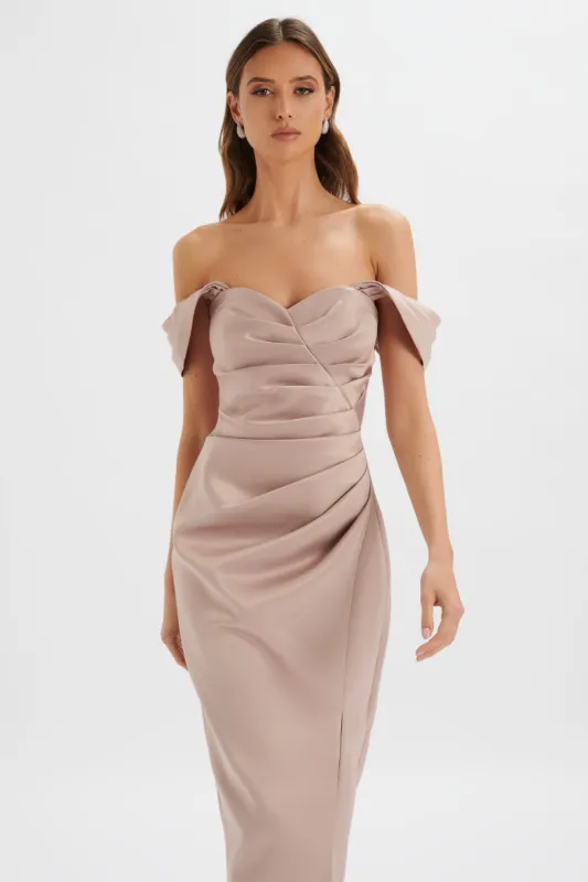 KAITLIN Bonded Satin Off Shoulder Maxi Dress In Mink sold by Lavish Alice