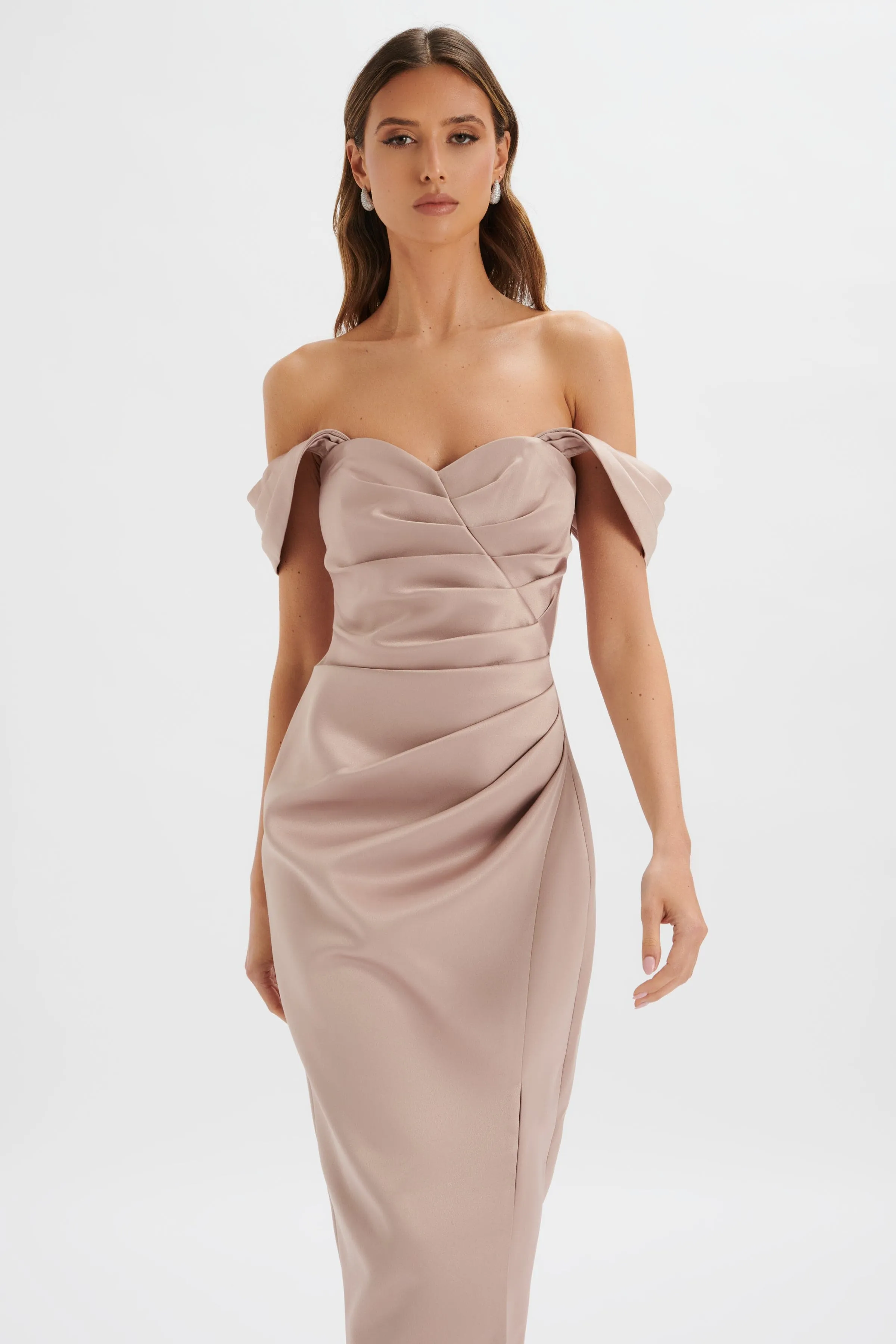 KAITLIN Bonded Satin Off Shoulder Maxi Dress In Mink sold by Lavish Alice