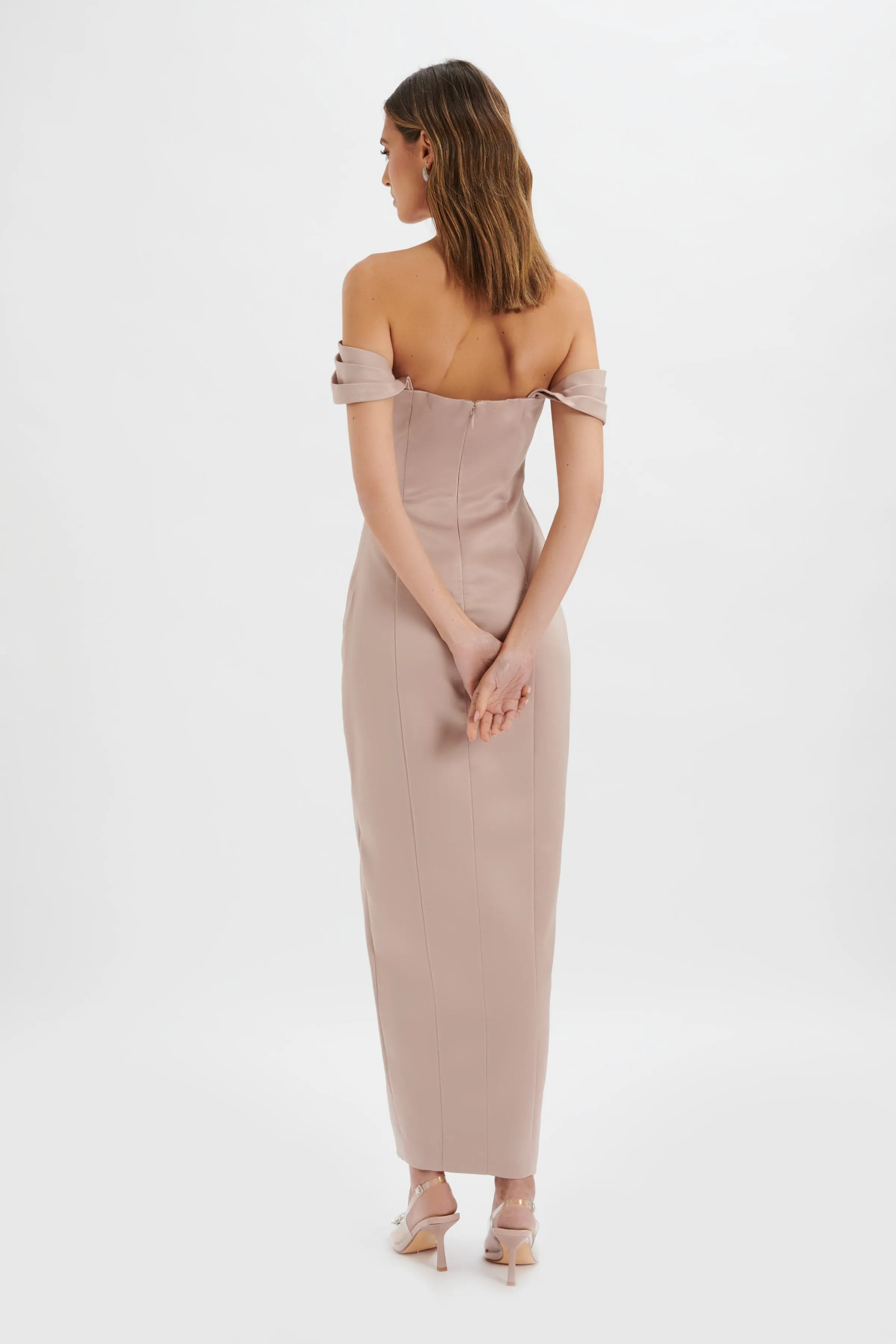 KAITLIN Bonded Satin Off Shoulder Maxi Dress In Mink sold by Lavish Alice product image thumbnail 4