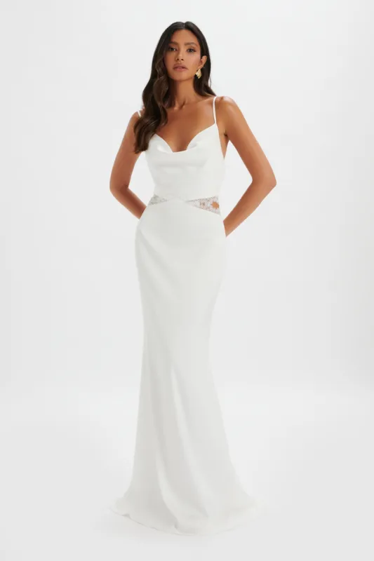 MAY Lace Insert Satin Maxi Dress in White sold by Lavish Alice