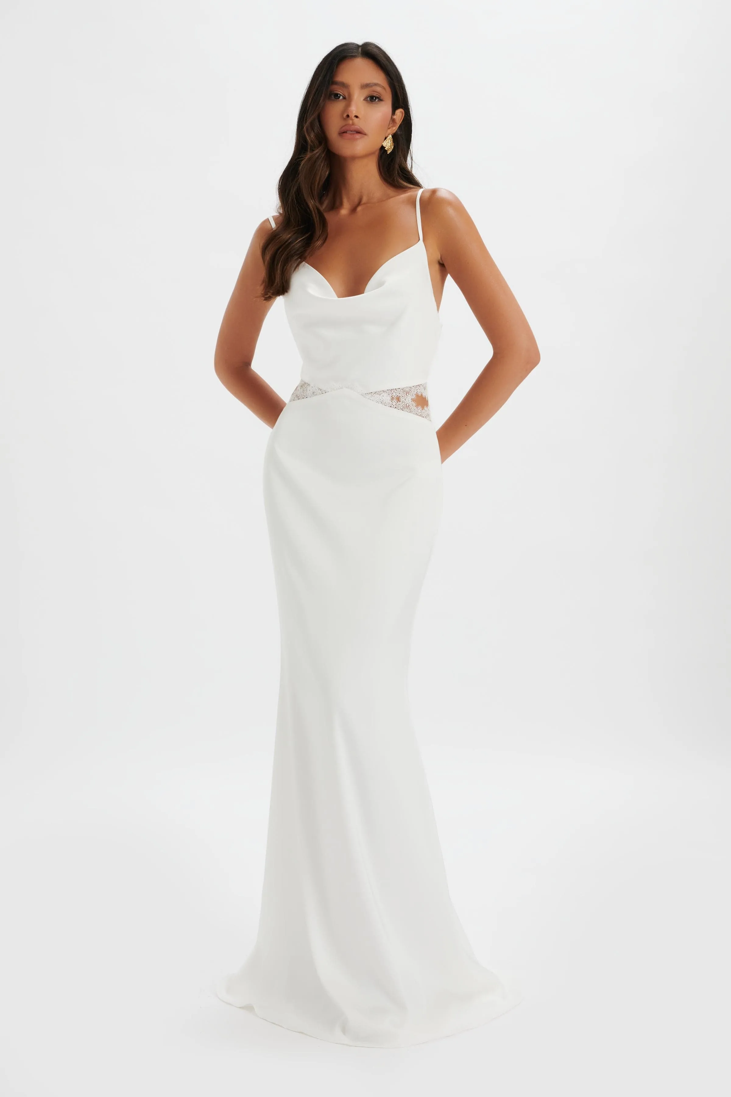 MAY Lace Insert Satin Maxi Dress in White sold by Lavish Alice