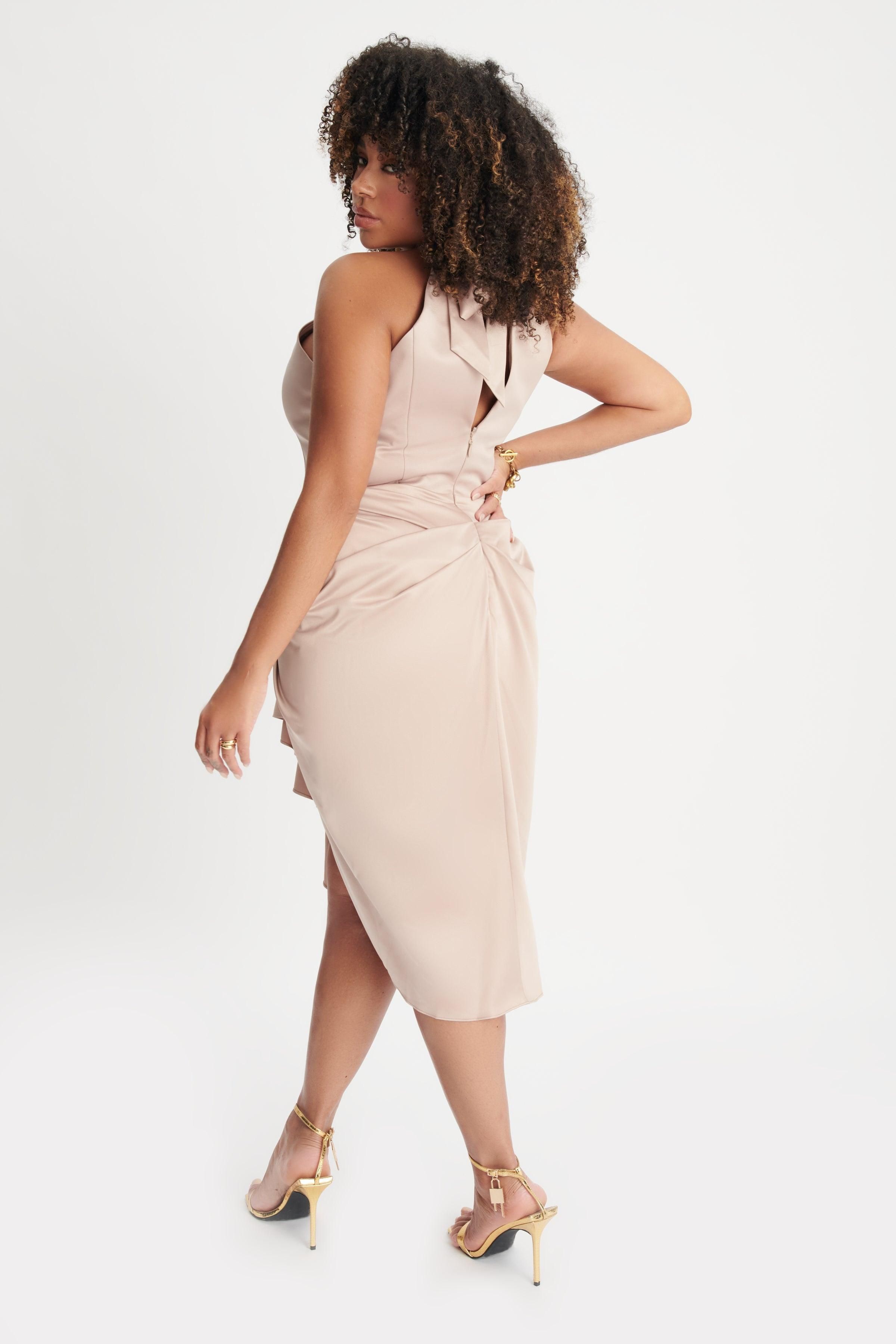 KAYLEE Curve Satin Halterneck Draped Midi Dress In Champagne sold by Lavish Alice product image thumbnail 6