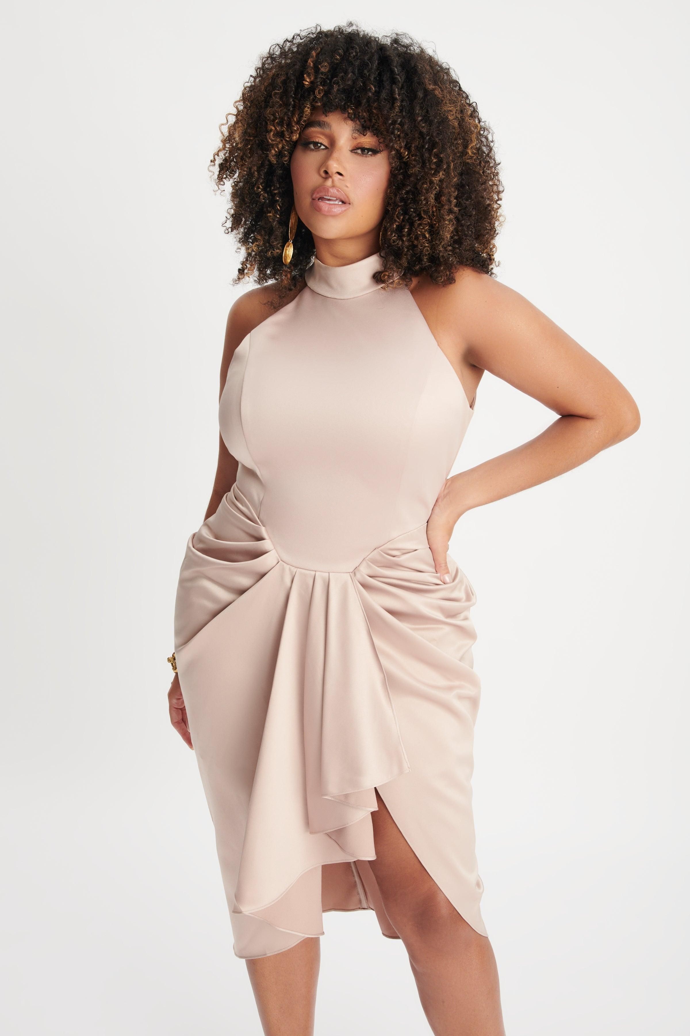 KAYLEE Curve Satin Halterneck Draped Midi Dress In Champagne sold by Lavish Alice product image thumbnail 3