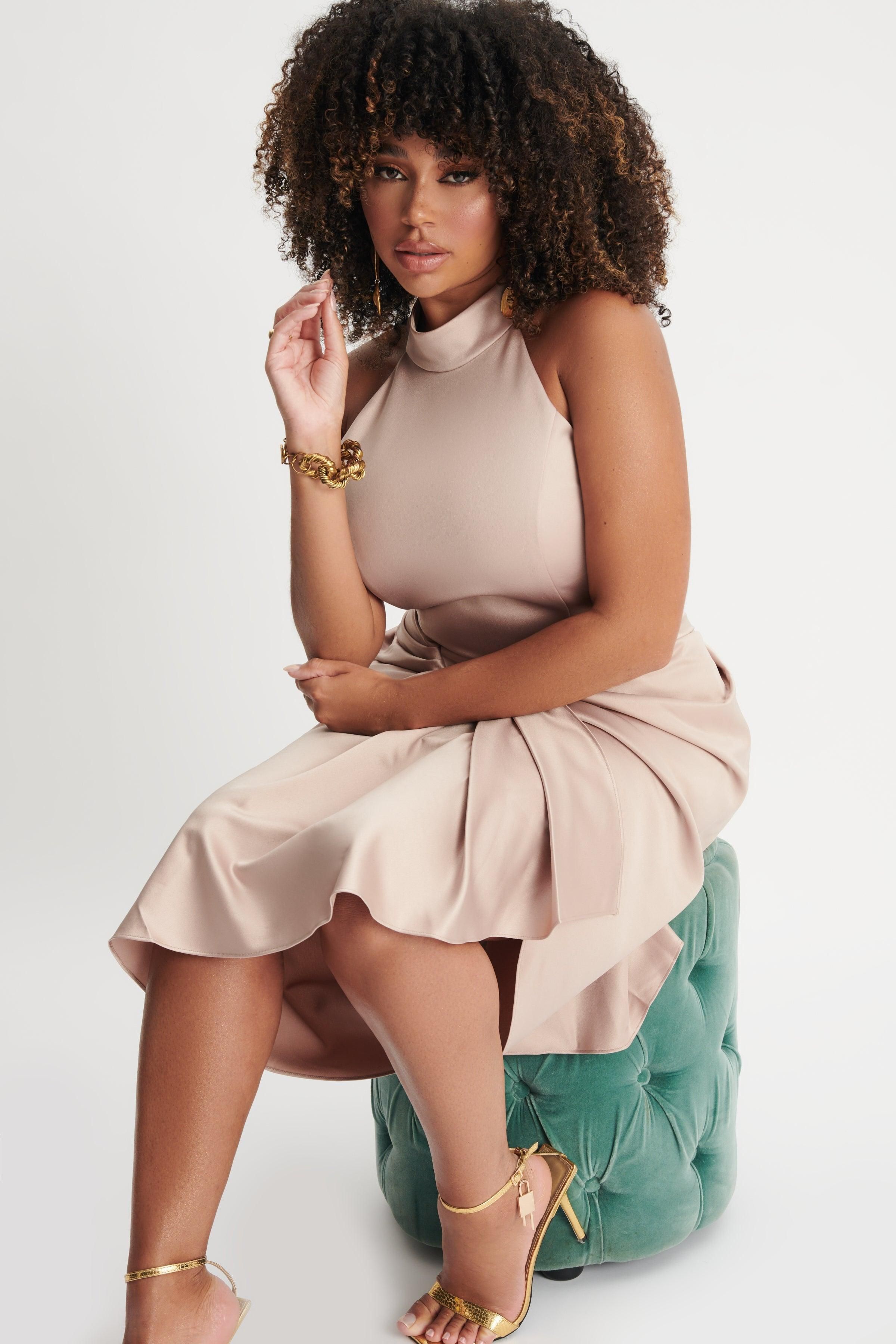 KAYLEE Curve Satin Halterneck Draped Midi Dress In Champagne sold by Lavish Alice product image thumbnail 7