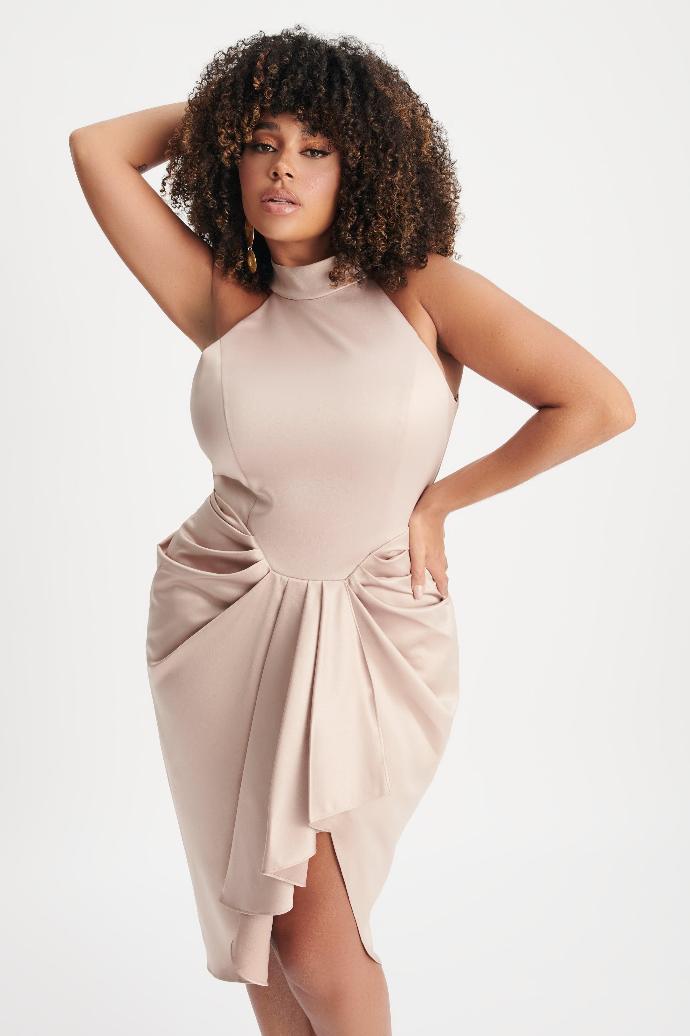 KAYLEE Curve Satin Halterneck Draped Midi Dress In Champagne sold by Lavish Alice product image thumbnail 4