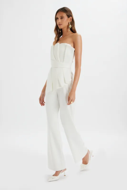 ELARA Asymmetric Pleated Frill Straight Leg Jumpsuit in White sold by Lavish Alice