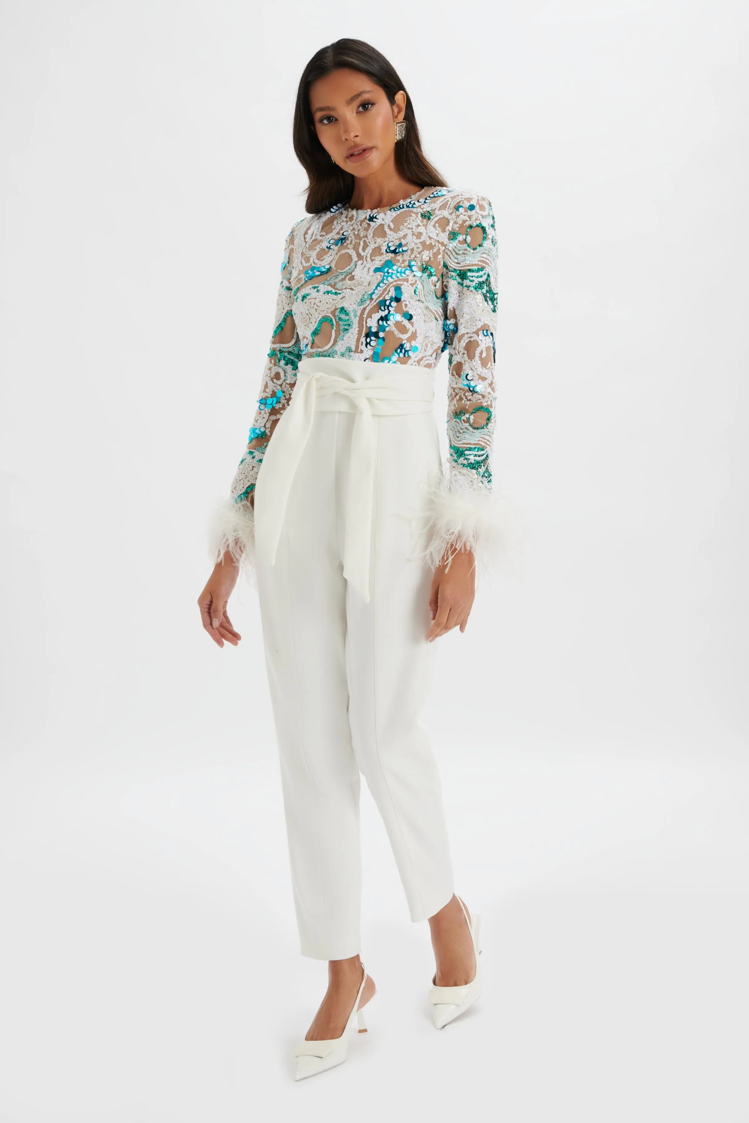 DELIA Embellished Feather Cuff Jumpsuit in White sold by Lavish Alice product image thumbnail 2
