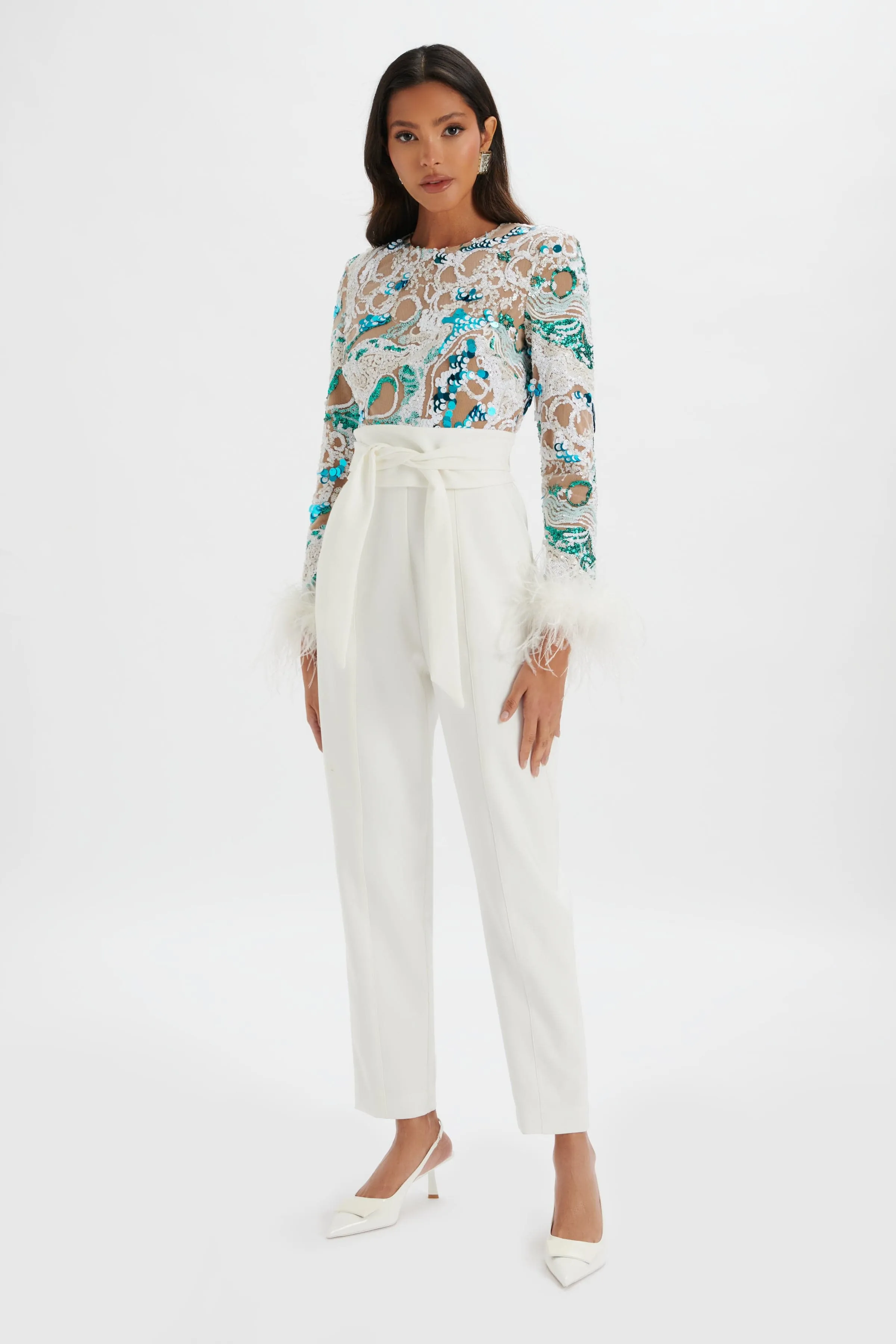 DELIA Embellished Feather Cuff Jumpsuit in White sold by Lavish Alice product image thumbnail 3