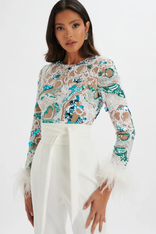 DELIA Embellished Feather Cuff Jumpsuit in White sold by Lavish Alice