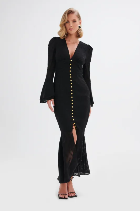 LAUREN Rose Button Maxi Dress in Black Floral Textured Chiffon | Parallel