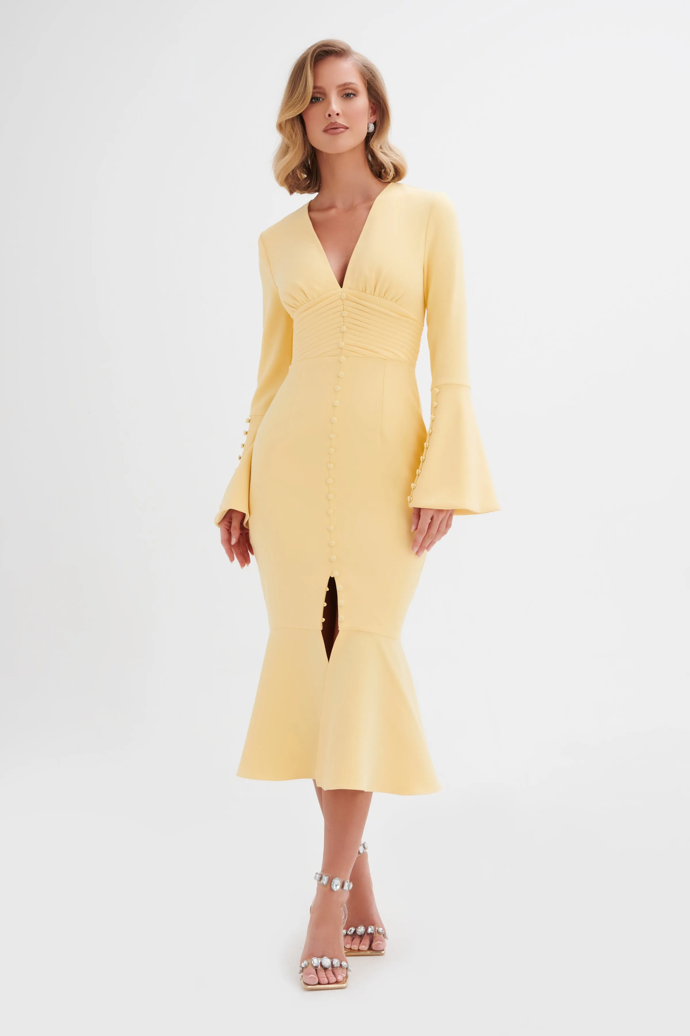 SALMA Fluted Sleeve Longline Fishtail Midi Dress In Yellow sold by Lavish Alice product image thumbnail 4