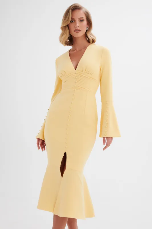SALMA Fluted Sleeve Longline Fishtail Midi Dress In Yellow sold by Lavish Alice
