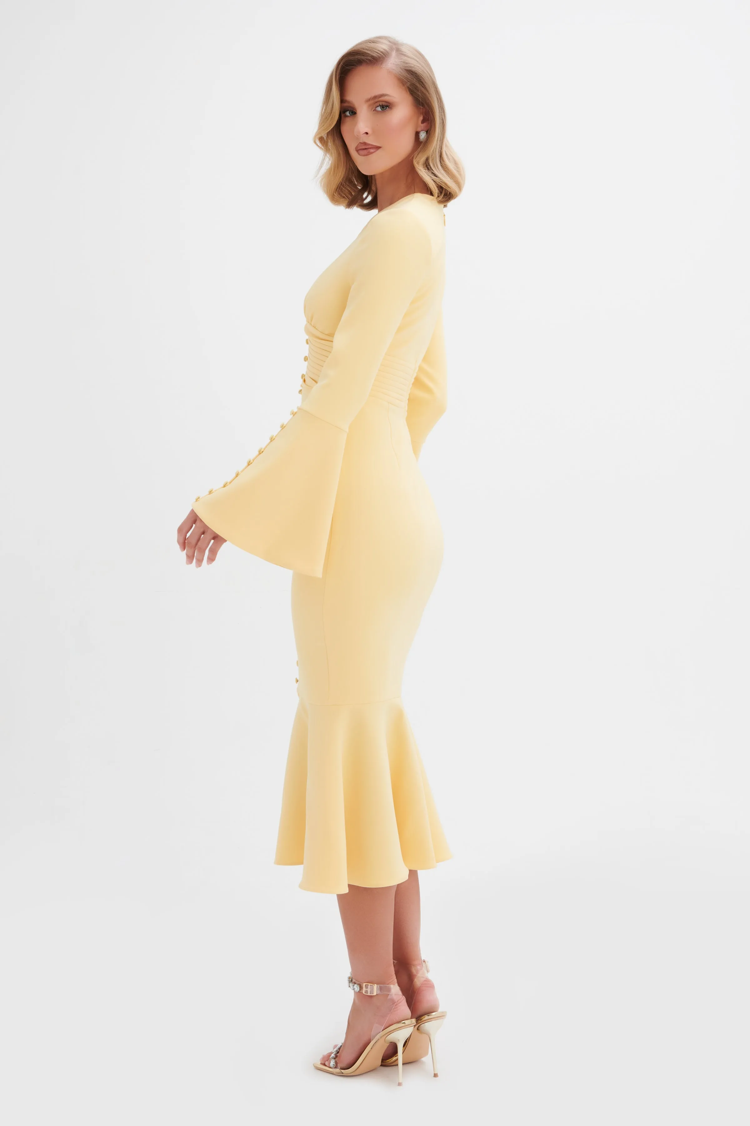 SALMA Fluted Sleeve Longline Fishtail Midi Dress In Yellow sold by Lavish Alice product image thumbnail 5