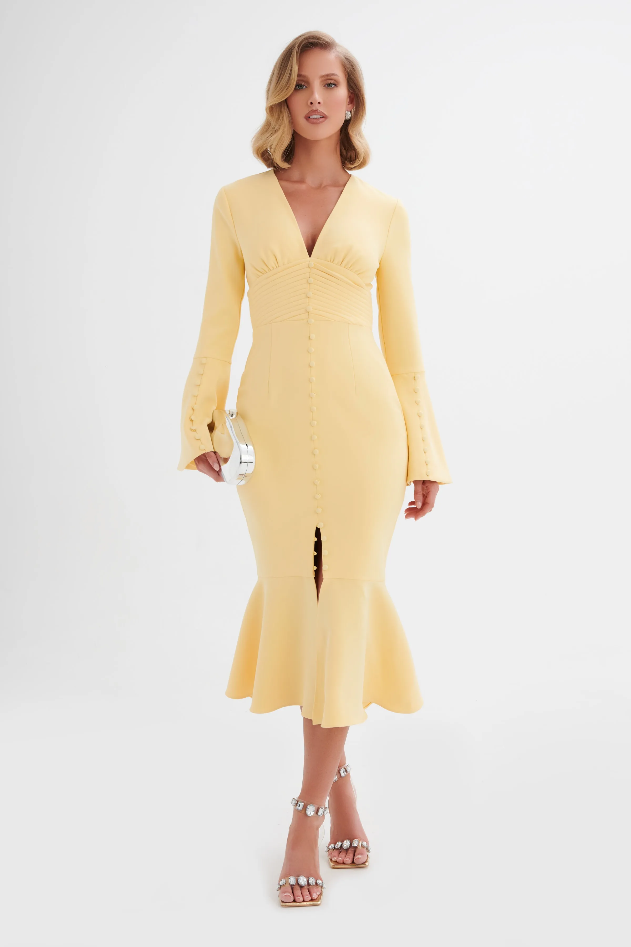 SALMA Fluted Sleeve Longline Fishtail Midi Dress In Yellow sold by Lavish Alice product image thumbnail 3
