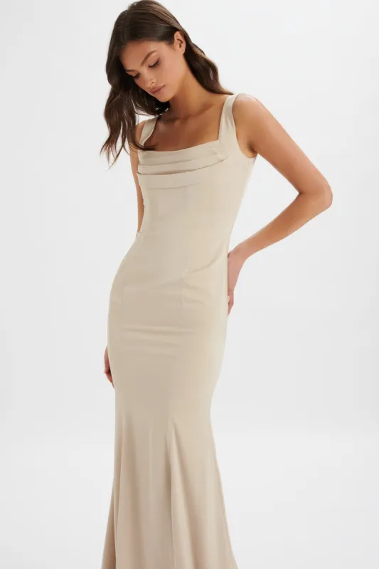 TARA Structured Satin Cowl Front Maxi Dress in Champagne made by Lavish Alice