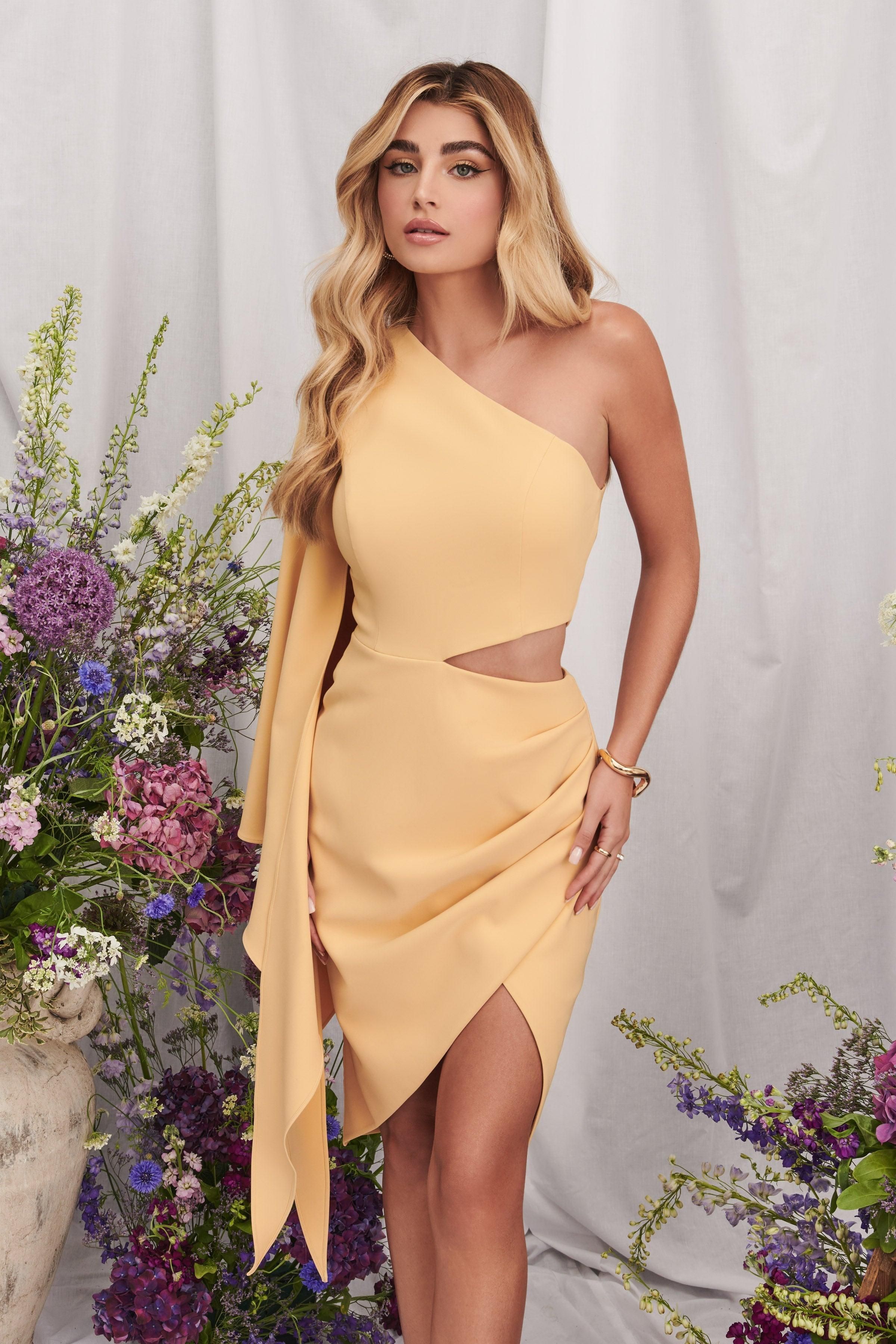 ADELINE One Shoulder Cape Midi Dress In Buttermilk sold by Lavish Alice