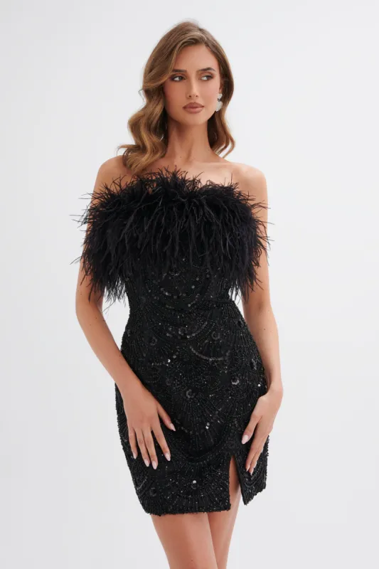 ORELIA Embellished Mini Dress with Feather Trim in Black sold by Lavish Alice