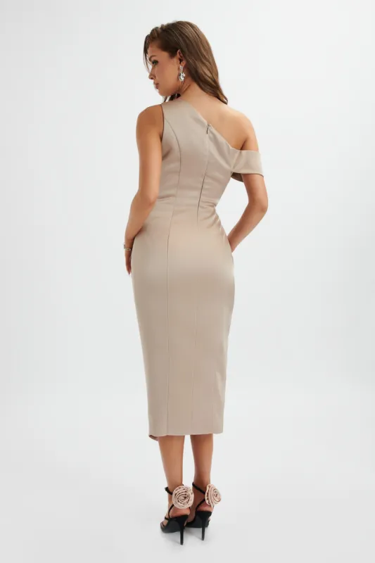 sachin and babi light blue dress Lavish Alice one shoulder cape detail jumpsuit with belt in champagne