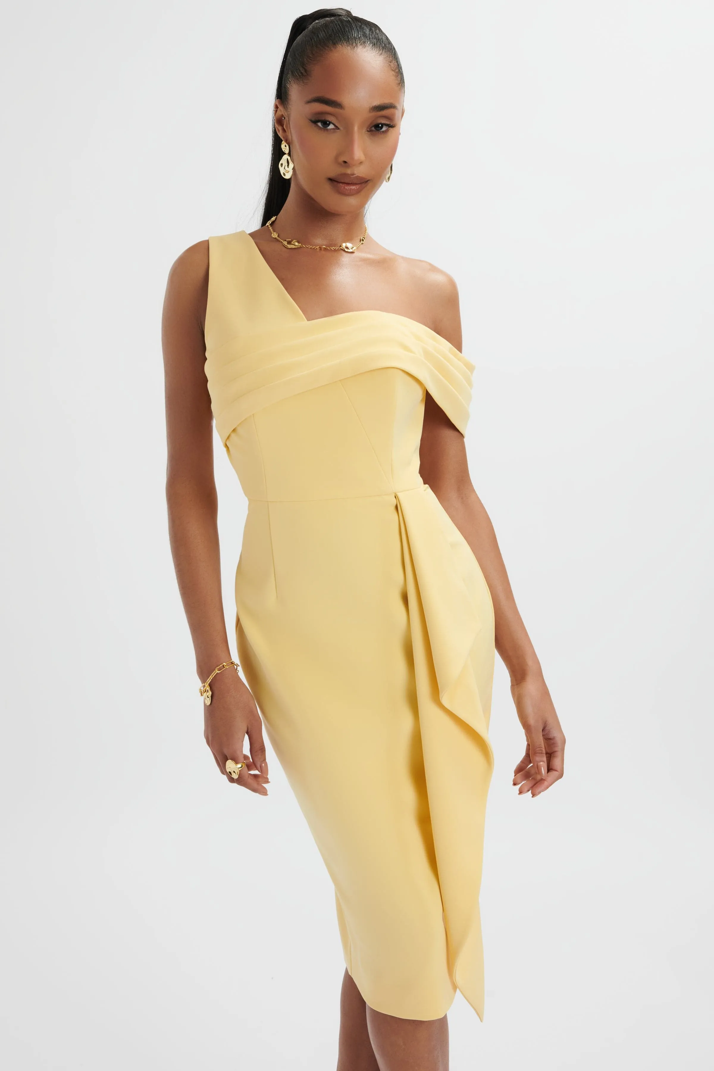 HANNAH Pleated Asymmetric Off Shoulder Midi Dress In Pastel Yellow sold by Lavish Alice product image thumbnail 3