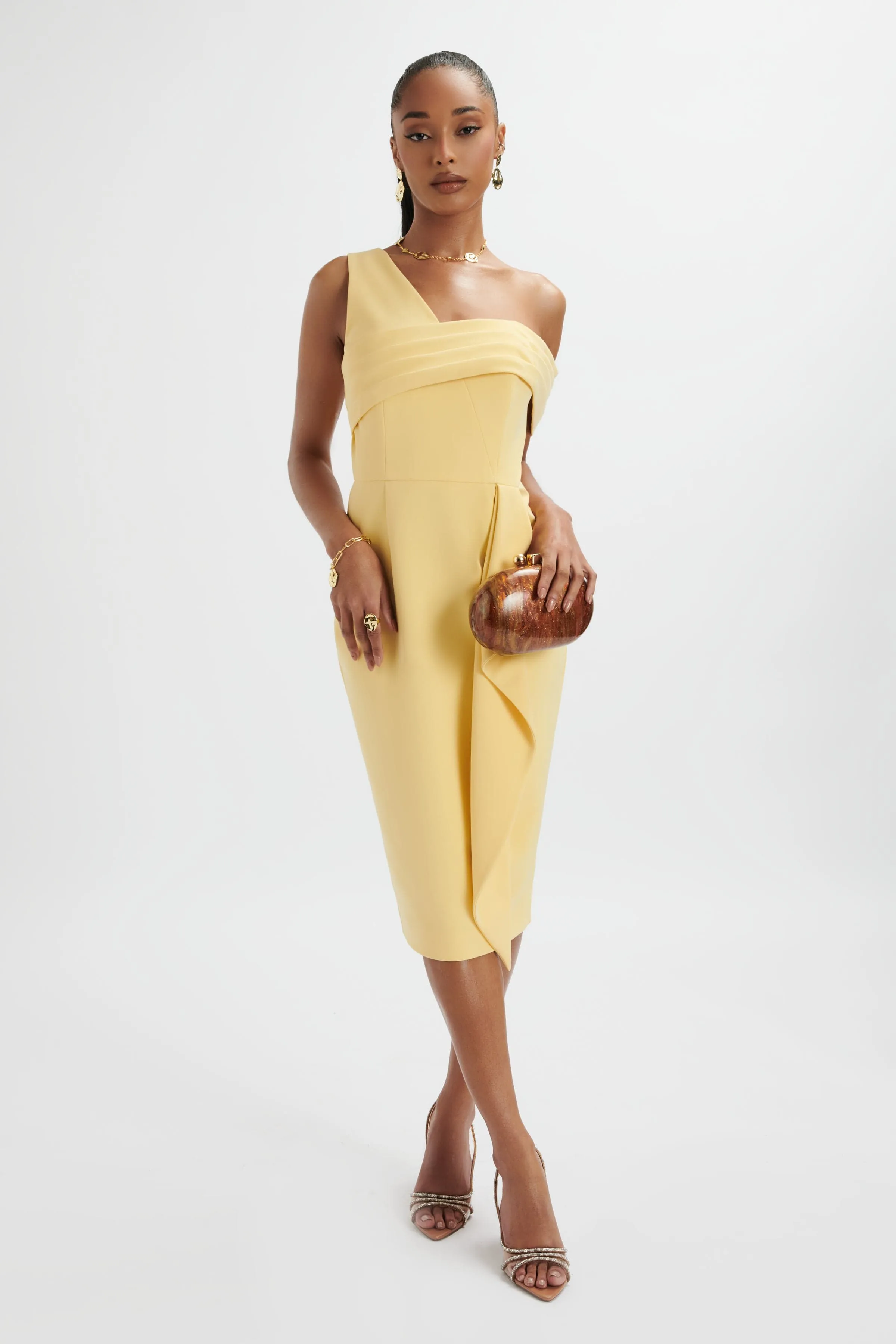 HANNAH Pleated Asymmetric Off Shoulder Midi Dress In Pastel Yellow sold by Lavish Alice product image thumbnail 2