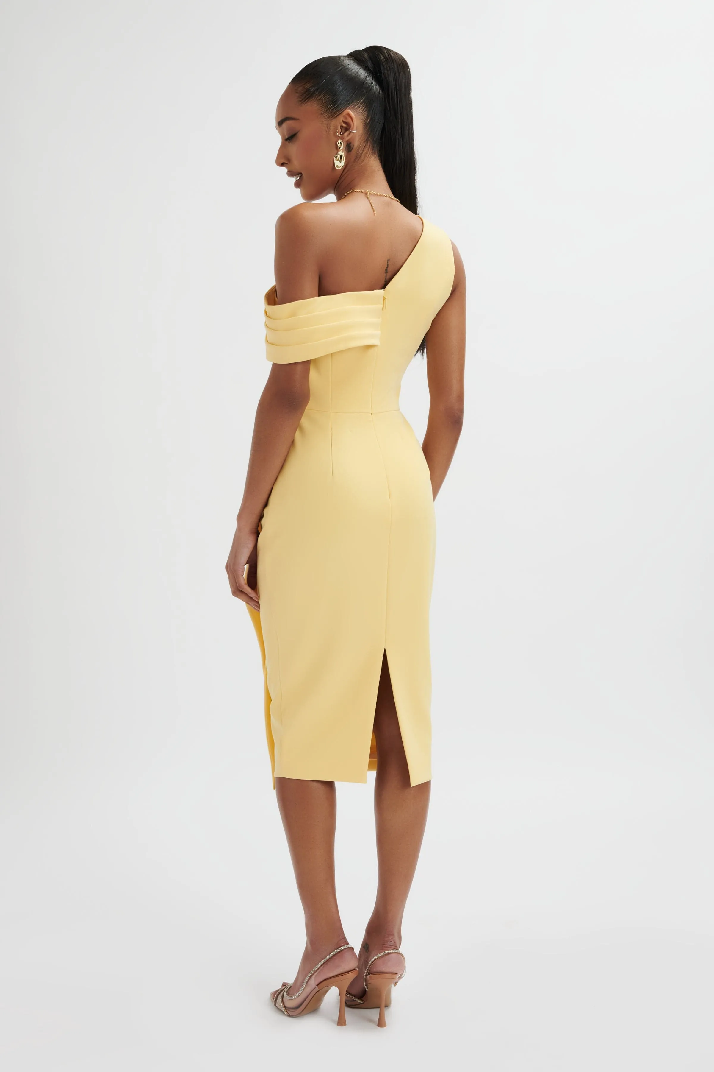 HANNAH Pleated Asymmetric Off Shoulder Midi Dress In Pastel Yellow sold by Lavish Alice product image thumbnail 4
