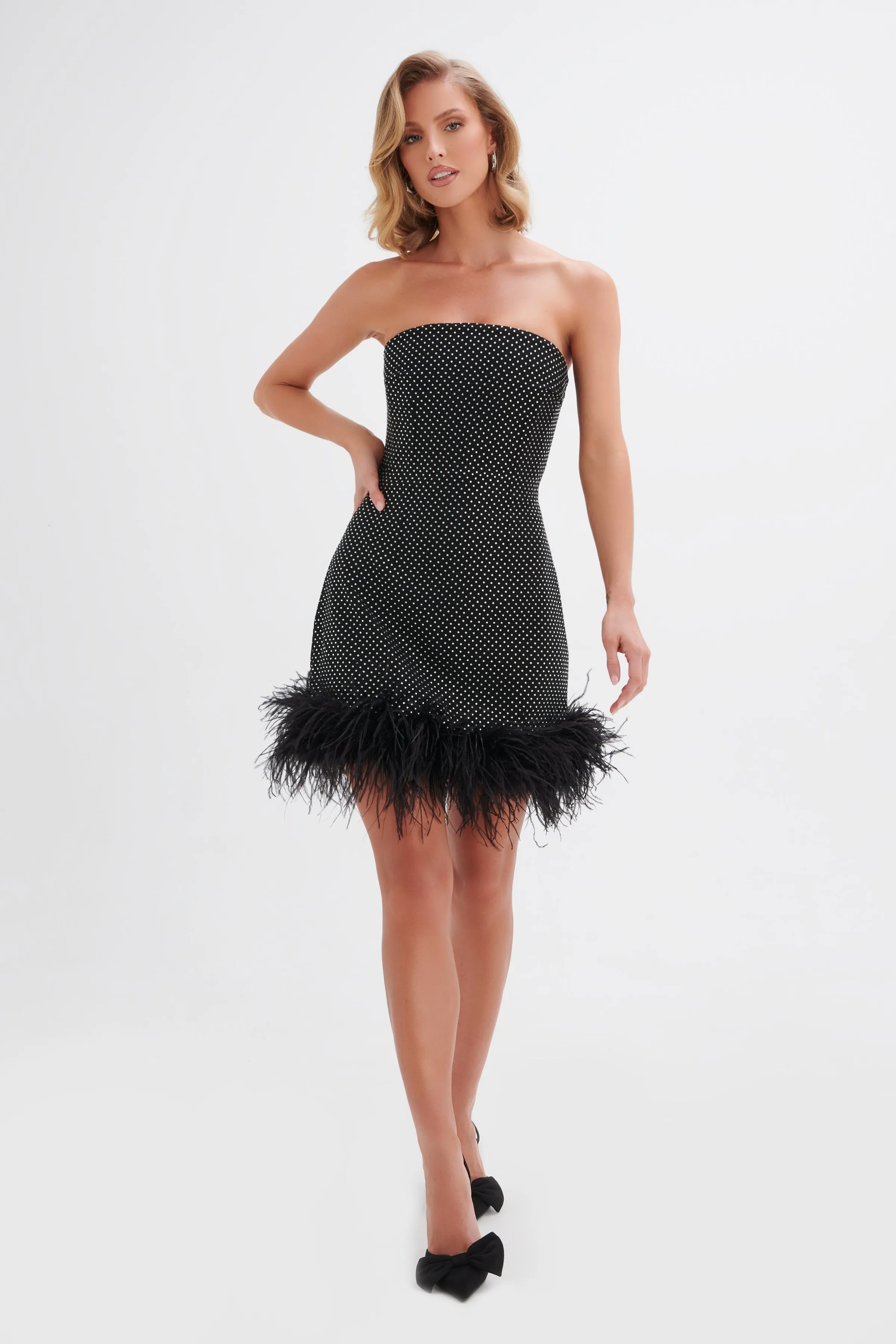 CHLOE Crystal Embellished Feather Hem Mini Dress in Black sold by Lavish Alice product image thumbnail 3