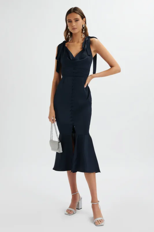 INDIE Satin Cowl Neck Micro Button Longline Midi Dress In Navy sold by Lavish Alice