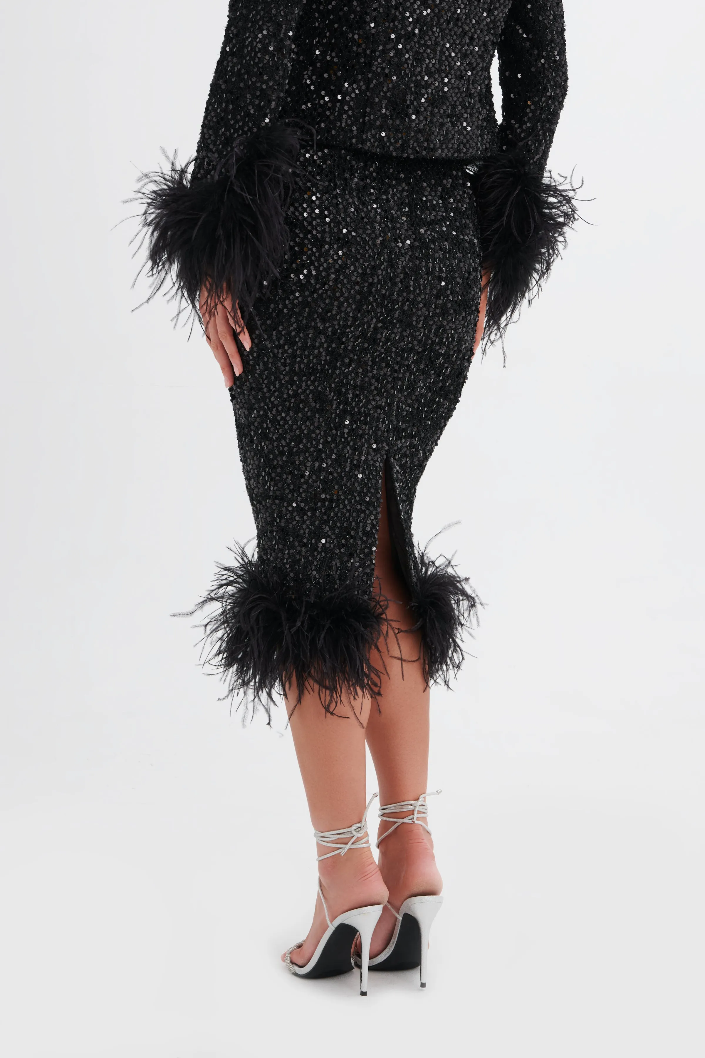 KYLIE Sequin Boucle Feather Hem Midi Skirt in Black sold by Lavish Alice product image thumbnail 4