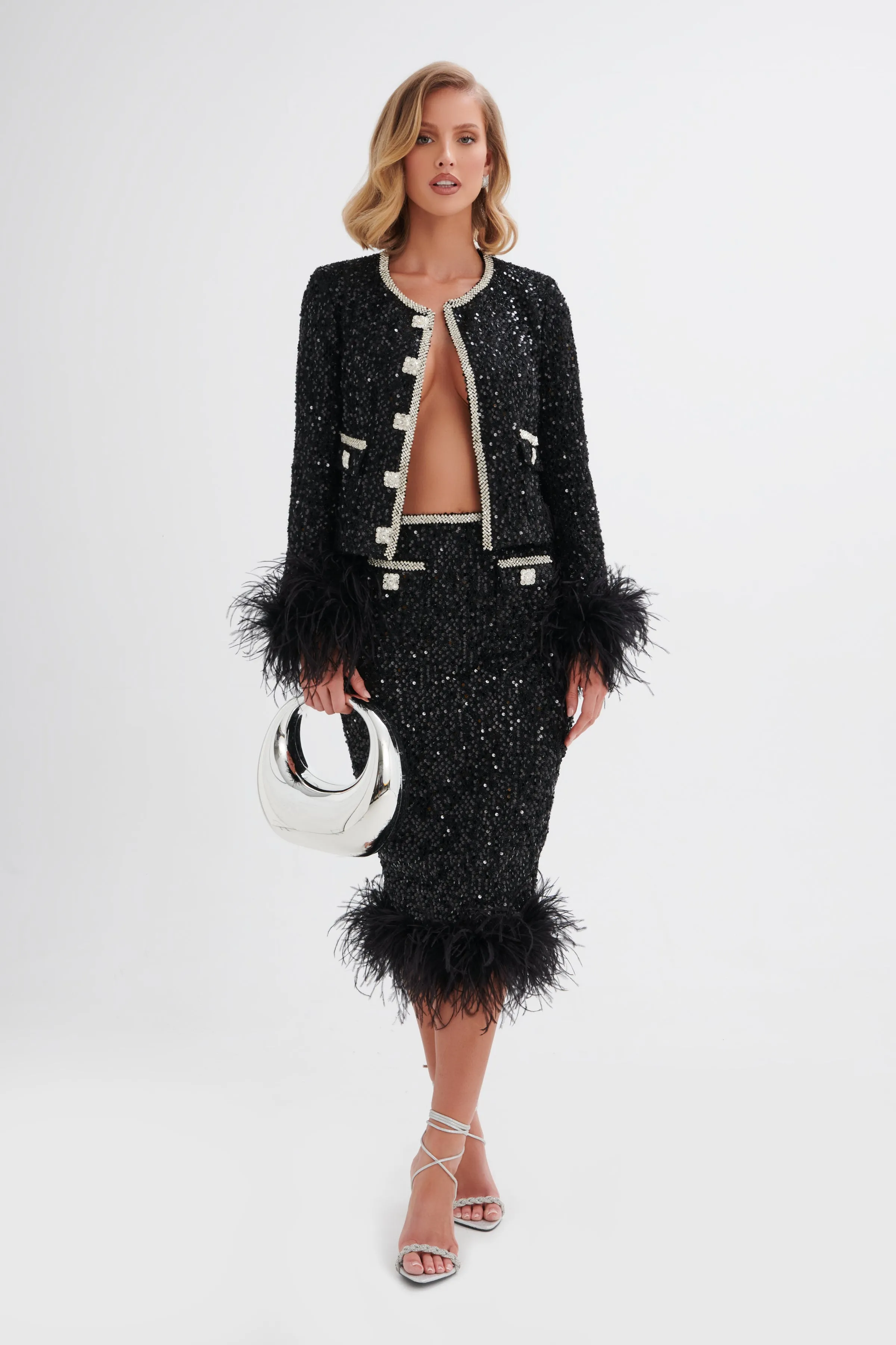 KYLIE Sequin Boucle Feather Hem Midi Skirt in Black sold by Lavish Alice product image thumbnail 2