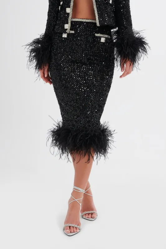 KYLIE Sequin Boucle Feather Hem Midi Skirt in Black made by Lavish Alice