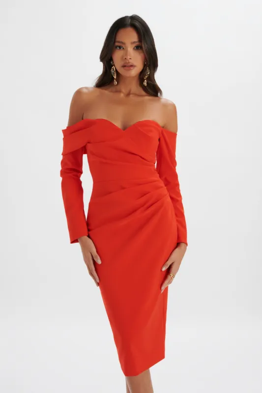 KIARA Sweetheart Neckline Bardot Midi Dress In Red sold by Lavish Alice