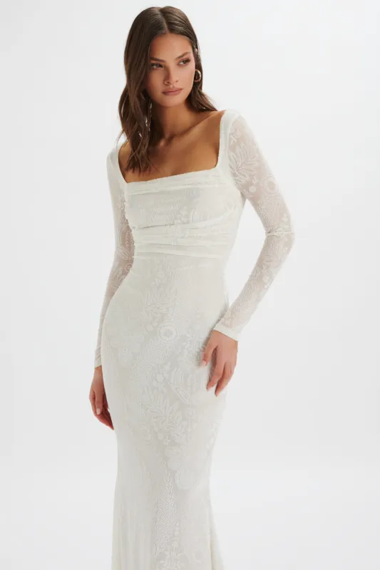 BETSY Burnout Stretch Devore Drape Back Maxi in White sold by Lavish Alice