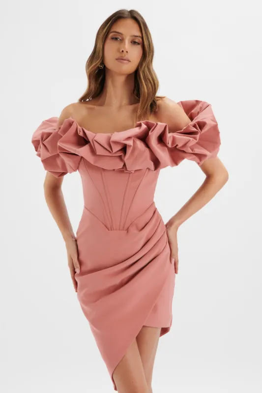 LILLY Extreme Ruffle Bardot Midi Dress In Rose Pink sold by Lavish Alice