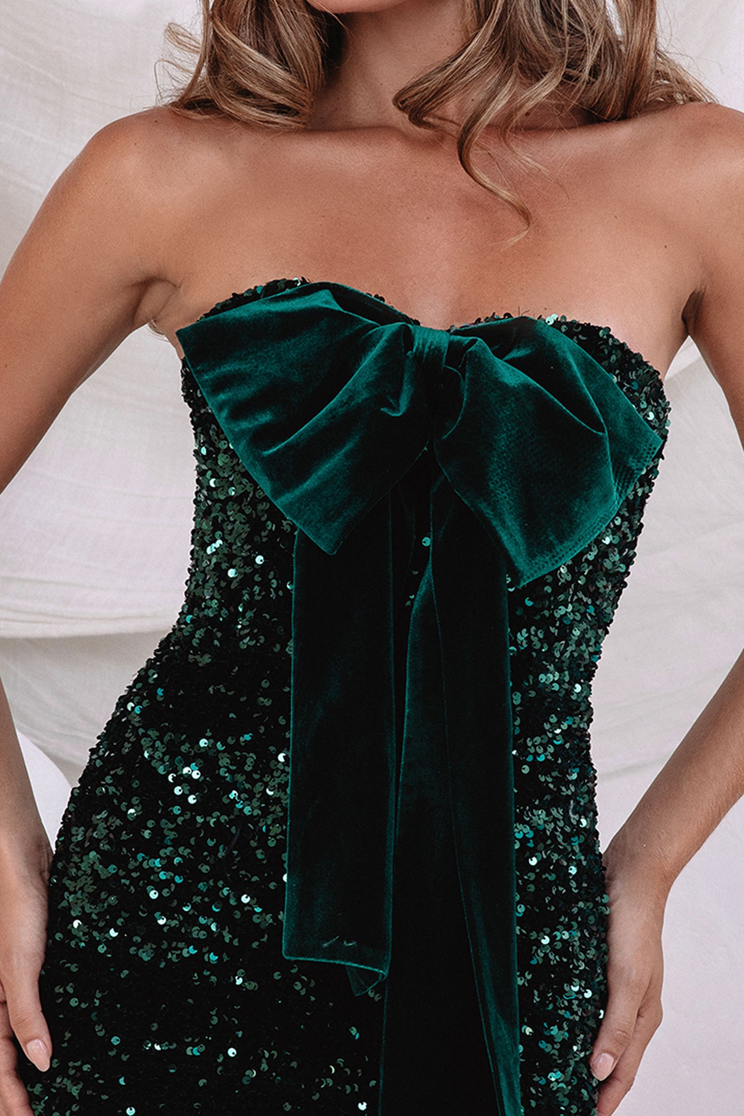 premium emerald green sequin embroidered bandeau midi dress Maya Emerald Green Embellished Velvet Bandeau Maxi Dress – Maya Deluxe main image 0
