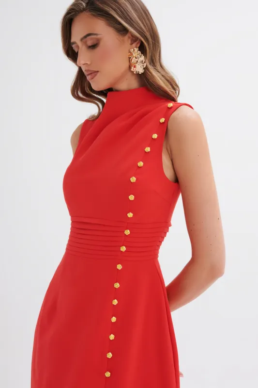 DANYA High Neck Rose Button Mini Dress in Red made by Lavish Alice