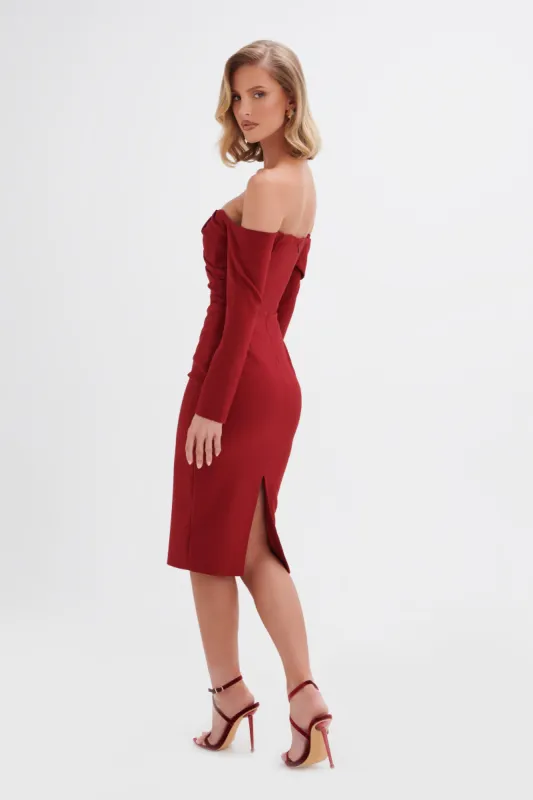 KIARA Sweetheart Neckline Bardot Midi Dress In Burgundy sold by Lavish Alice