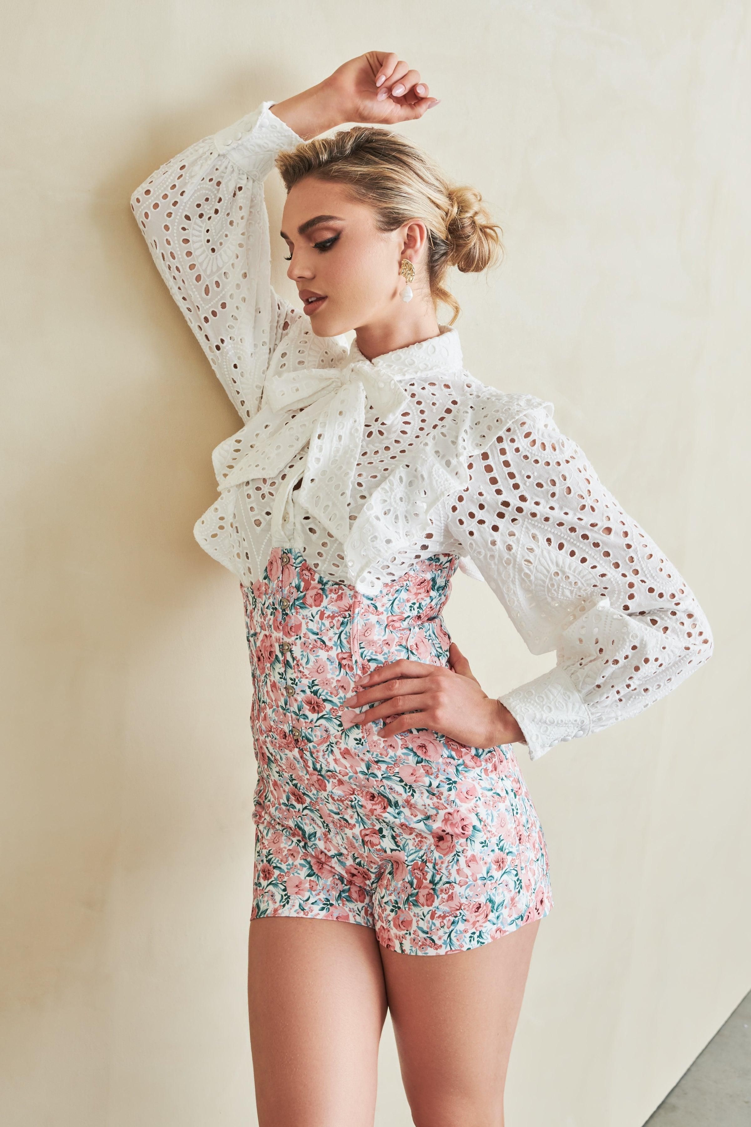 ROSALIE High Waisted Corset Shorts in Coral Floral sold by Lavish Alice