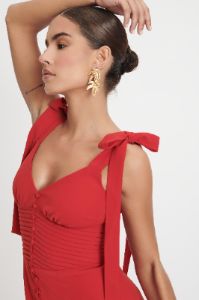 CAMILA Tie Strap Micro Button Midi Dress In Deep Red sold by Lavish Alice
