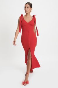 CAMILA Tie Strap Micro Button Midi Dress In Deep Red sold by Lavish Alice
