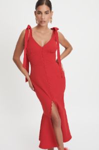 CAMILA Tie Strap Micro Button Midi Dress In Deep Red sold by Lavish Alice