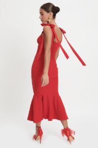 CAMILA Tie Strap Micro Button Midi Dress In Deep Red sold by Lavish Alice