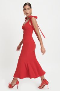 CAMILA Tie Strap Micro Button Midi Dress In Deep Red sold by Lavish Alice