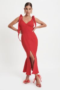 CAMILA Tie Strap Micro Button Midi Dress In Deep Red sold by Lavish Alice