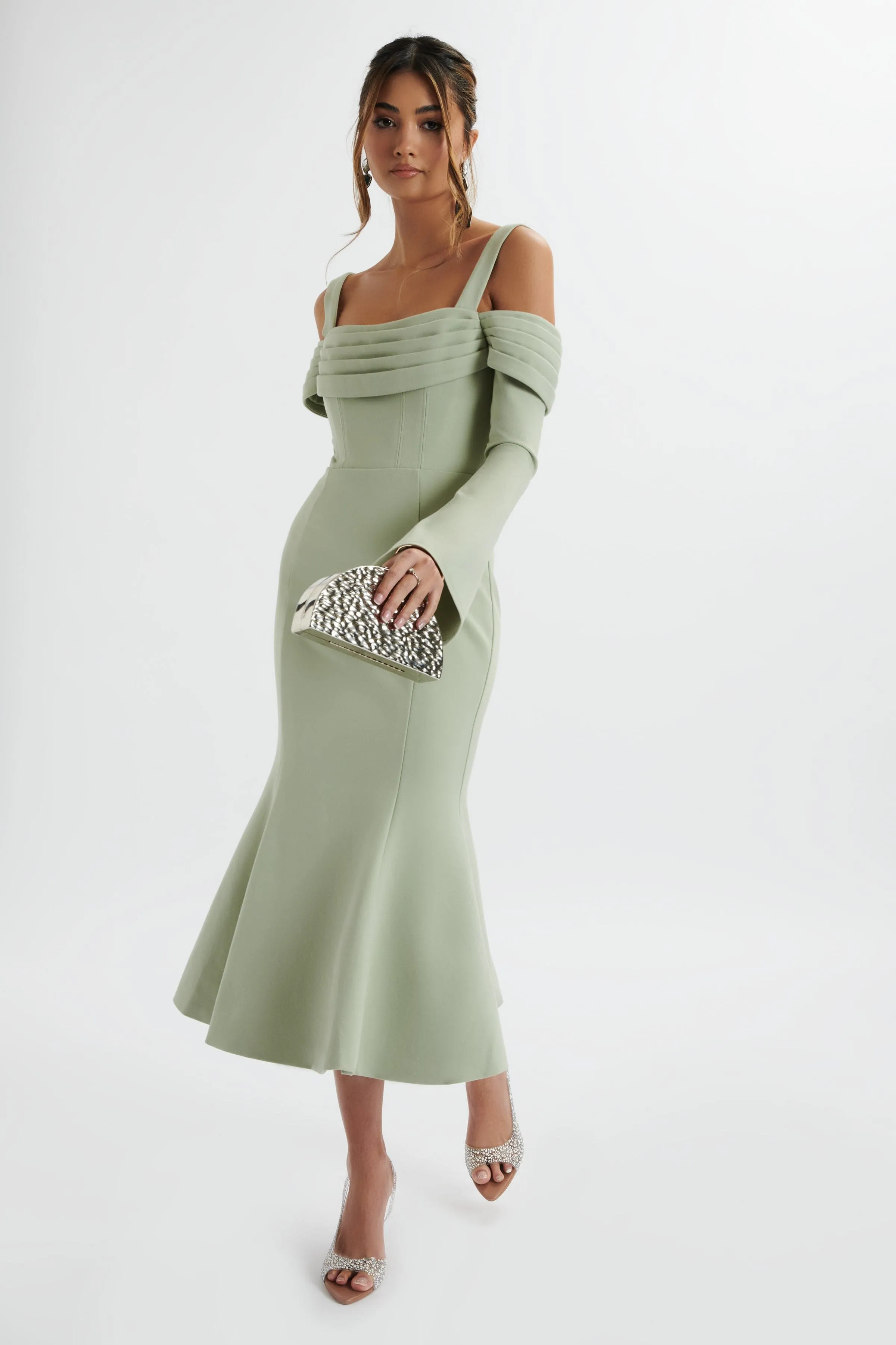 SIA Ponte Pleated Cowl Longline Midi Dress In Sage Green | Parallel SIA Ponte Pleated Cowl Longline Midi Dress In Sage Green | Parallel