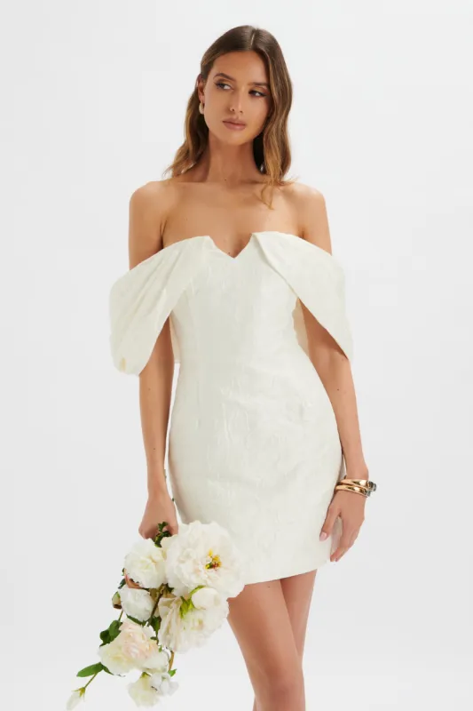KATELYNN Bardot Mini Dress with Puff Sleeve in White Jacquard sold by Lavish Alice