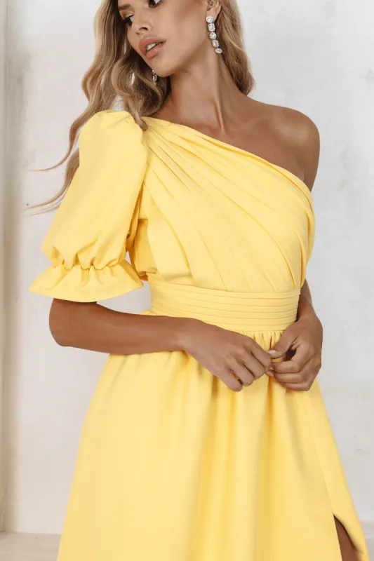 STASSI One Shoulder Puff Midi Dress In Yellow sold by Lavish Alice