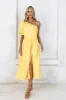 STASSI One Shoulder Puff Midi Dress In Yellow sold by Lavish Alice