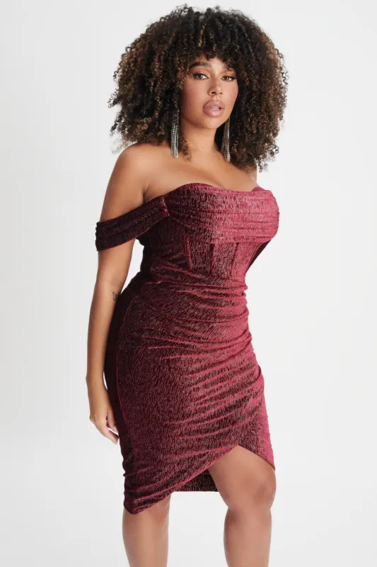BLAKE Curve Diamante Velvet Pleated Off Shoulder Midi Dress In Burgundy sold by Lavish Alice