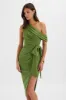 HONEY Asymmetric Pleated Bow Midi Dress in Green sold by Lavish Alice